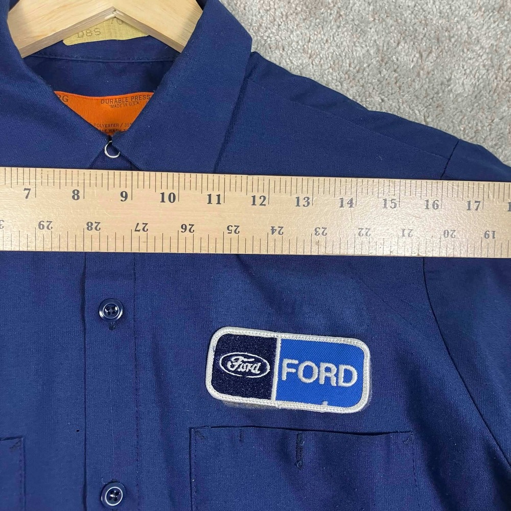 Vintage 80s Red Kap Ford Mechanic Work Shirt Navy Blue Racing Stripe Mens M-RG - Picture 13 of 16